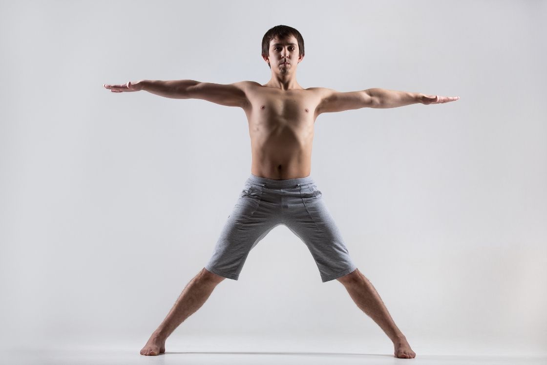 3D human Prasarita padottanasana wide-stance forward bend yoga pose on blue  back, loopable